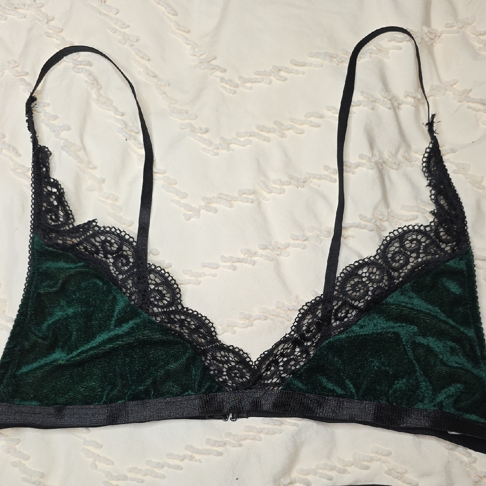 Emerald Green Velvet & Lace High-Waist Bralette Lingerie Set Large Boudoir Goth - Picture 2 of 4